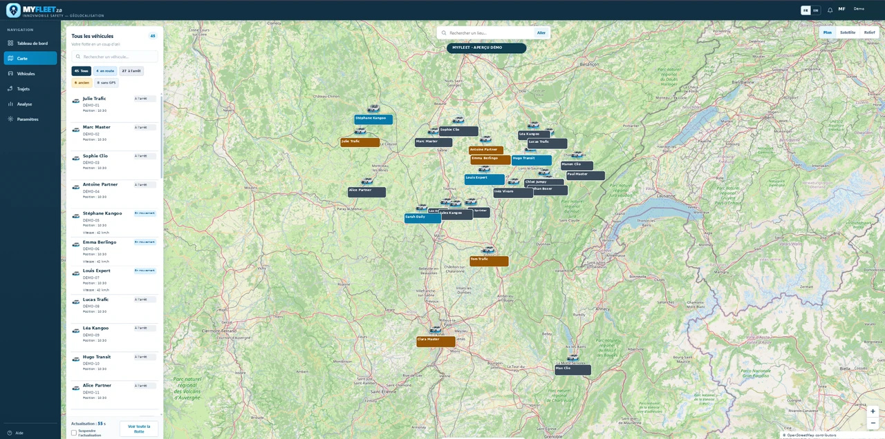 MYFLEET 2.0 Fleet Map interface with demonstration vehicle labels and their positions on the map